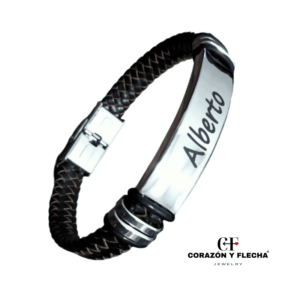 Pulsera hombre de acero plateado y cuero trenzado personalizada