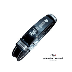 Pulsera hombre de acero negro y cuero liso personalizada