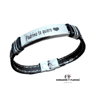 Pulsera hombre de acero plateado y cuero liso personalizada