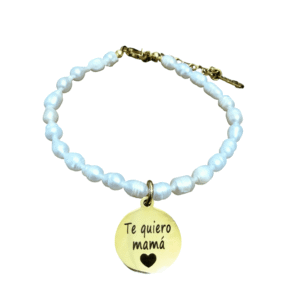 Pulsera perlas cultivadas y acero dorado chapa redonda personalizada