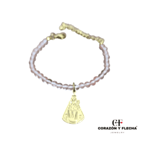 Pulsera cuarzo rosa con Virgen de la Fuensanta en acero dorado